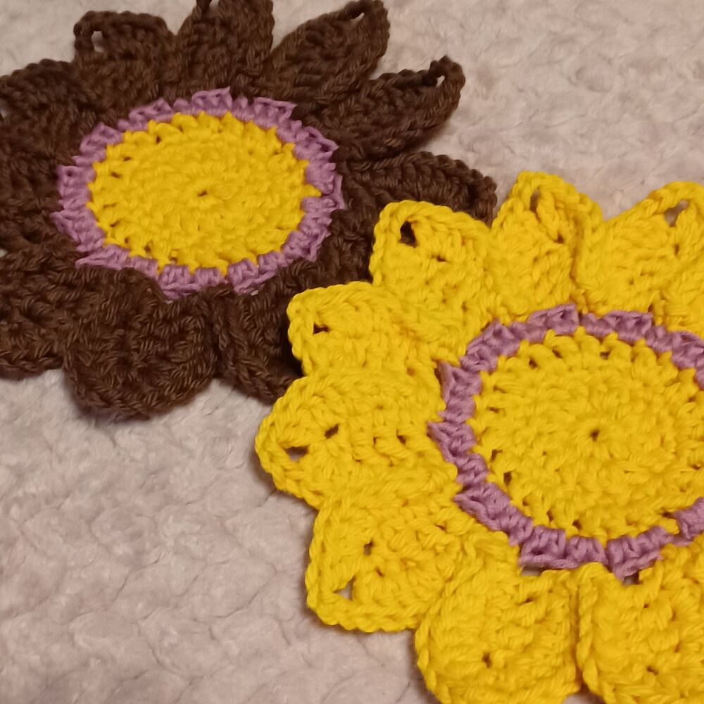 Hand Crafted Crochet Brown & Gold Flower Coasters, Set of 2 - Picture 2 of 6